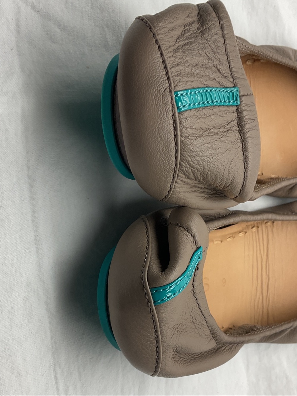 Tieks Taupe Leather Foldable Ballet Flats with Teal Accent - Picture 3 of 4